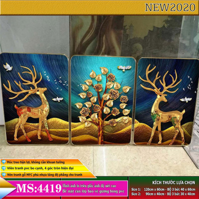 Bộ tranh treo tường 3 tấm trang trí phòng khách, phòng ngủ phong cách mỹ thuật hiện đại chất liệu cán pvc gương:4419L15S