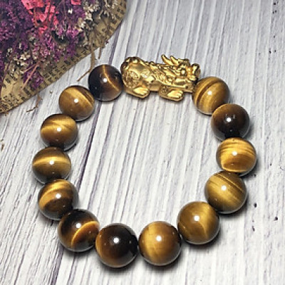 Vòng tay Thạch Anh Mắt Hổ vàng nâu 14mm mix tỳ hưu