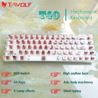 KEYBOARD T-WOLF T40 Phím cơ Red Switch trong suốt (ĐỎ/VÀNG/ĐEN) (68 Red Switch Keys, 8 Lamb effects, Silent, USB, 160cm) - Hàng chính hãng