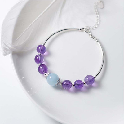 Vòng tay bạc đá thạch anh tím phối Aquamarine - Ngọc Quý Gemstones