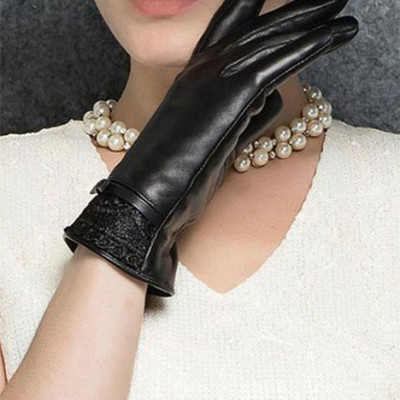 Găng tay nữ da cừu phối ren nữ tính - BHY8700 Bao tay da mùa đông, lót lông mềm, tích hợp cảm ứng.