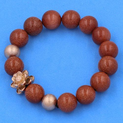 Vòng đeo tay Đá Kim Sa Nâu 12 ly - Vòng Hoa Sen vàng hồng phối 2 bi - hợp mệnh Kim, mệnh Thổ