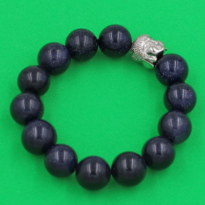 Vòng đeo tay đá Lam Sa 14 ly cẩn hạt Phật A Di Đà inox bạc VLSNLT14