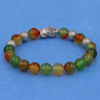 [Mệnh Mộc, Hỏa] Vòng Tay Mã Não Tứ Quý 8 Ly Cẩn Tỳ Hưu Inox Bạc VTAXNTHTB8