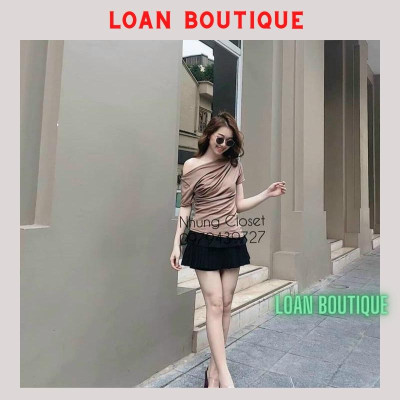 Aó thun hở vai rúm eo cộc tay chất thun lạnh mát đẹp