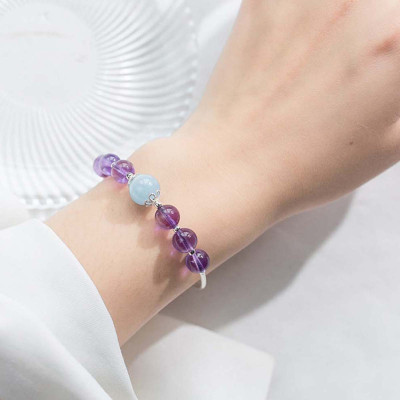 Vòng tay bạc đá thạch anh tím phối Aquamarine - Ngọc Quý Gemstones