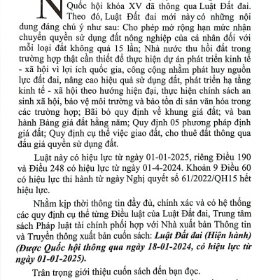 Luật Đất Đai (Hiện Hành)(Được Quốc Hội Thông Qua Ngày 18/01/2024, Có Hiệu Lực Từ Ngày 01/01/2025)