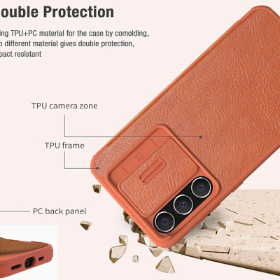 Bao da cho SamSung Galaxy S23 FE chính hãng Nillkin QIN có nắp trượt bảo vệ camera sau - Hàng chính hãng