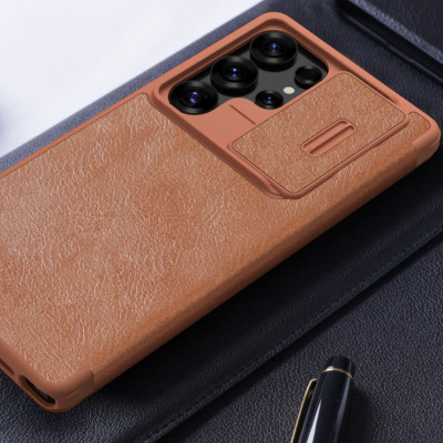 Bao da chống sốc ngăn đựng thẻ card cho Samsung Galaxy S25 Ultra , S25 Plus , S25 hiệu Nillkin Qin Pro - Da PU cao cấp, Viền TPU, sang trong, nắp trượt bảo vệ camera - Hàng nhập khẩu