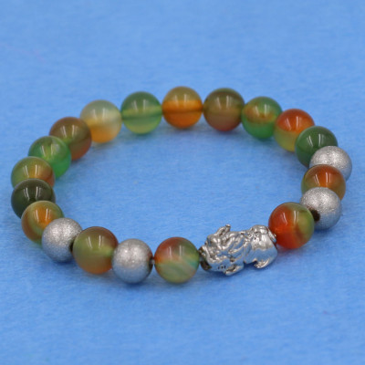 [Mệnh Mộc, Hỏa] Vòng Tay Mã Não Tứ Quý 8 Ly Cẩn Tỳ Hưu Inox Bạc VTAXNTHTB8