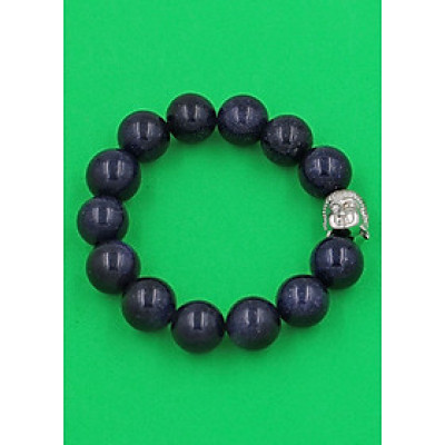 Vòng đeo tay đá Lam Sa 14 ly cẩn hạt Phật A Di Đà inox bạc VLSNLT14