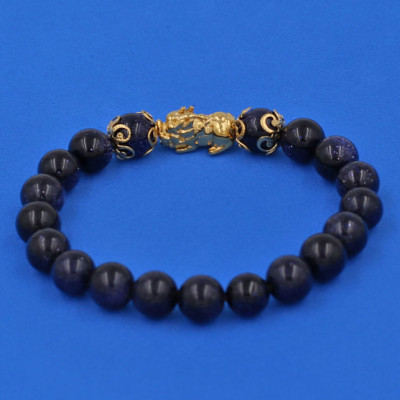 Chuỗi đeo tay Đá Lam Sa 8 ly - cẩn Tỳ Hưu Phong Thủy inox vàng VLSTHHKV8