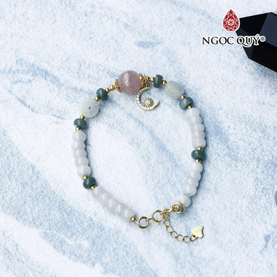 Vòng cẩm thạch phỉ thúy phối thạch anh hồng charm bạc mạ vàng - Ngọc Quý Gemstones