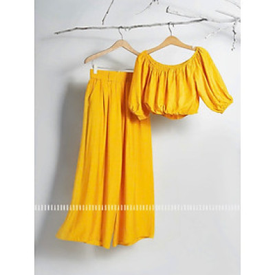 Set áo quần vàng trễ vai NGADO , set áo quần trễ vai , set áo quần kiểu Nữ