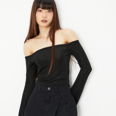 DOTTIE - Áo bẹc vai tay dài vải thun - Đen - T0679