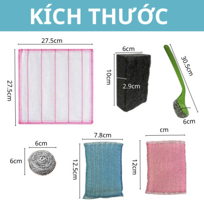 Set 8 Món Rửa Bát, Bùi Nhùi, Mút Rửa Chén, Đĩa Tạo Bọt, Cước Chà Xoong Nồi Có Tay Cầm Chà Bồn Rửa