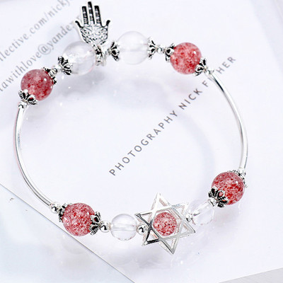 Vòng tay đá thạch anh dâu phối charm bàn tay mệnh hỏa, thổ - Ngọc Quý Gemstones