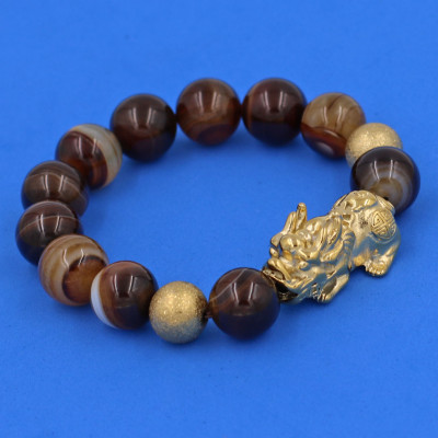 Vòng chuỗi đeo tay mã não nâu sọc 14 ly ( size lớn ) charm tỳ hưu và bi inox vàng, vòng tay chuỗi hạt