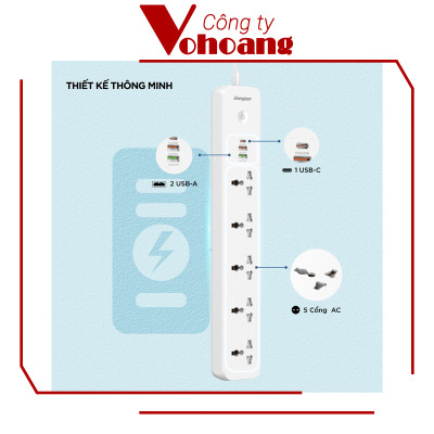 [Mỹ] Ổ cắm điện Energizer đa năng 5AC kèm 2 USB-A và 1 USB-C sạc nhanh PD (max PD 38W) - Energizer EPB2504EU