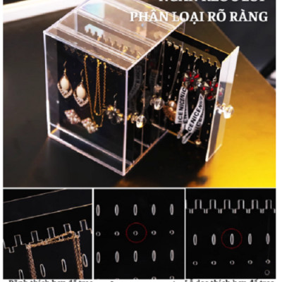 Hộp 3 khay treo trang sức khuyên tai mica trong suốt (khay trong và khay đen giao ngẫu nhiên)