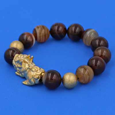 Vòng chuỗi đeo tay mã não nâu sọc 14 ly ( size lớn ) charm tỳ hưu và bi inox vàng, vòng tay chuỗi hạt