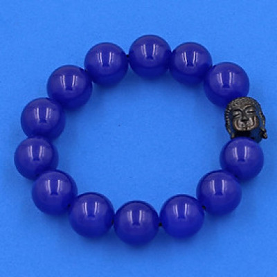 Vòng đeo tay Thạch Anh Xanh Dương 14 ly cẩn hạt Phật A Di Đà inox đen VTAXDNLE14 - hợp mệnh Mộc, mệnh Thủy