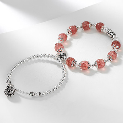 Vòng 2 line đá thạch anh dâu phối charm bạc mệnh hỏa, thổ - Ngọc Quý Gemstones