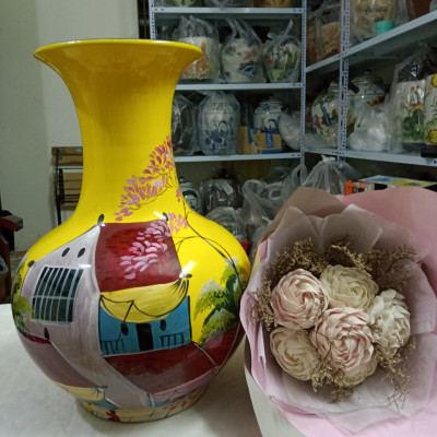 Bình tỏi cắm hoa gốm sứ Bát Tràng vẽ cảnh phố cổ