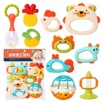 Bộ 10 món đồ chơi xúc xắc kèm gặm nướu cho bé, lục lạc kèm gặm nướu chất liệu nhựa ABS và silicon cao cấp