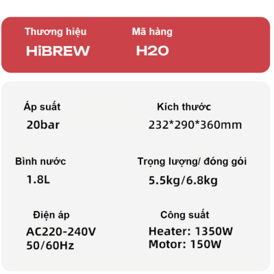 Máy pha và xay cà phê bán tự động 3 trong 1 Espresso, Cappuccino, Latte thương hiệu Mỹ cao cấp HiBREW H20 - Công suất 1500W 20bar - Hàng nhập khẩu