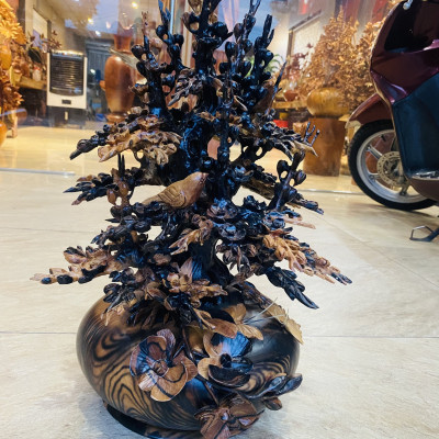 Bình hoa mai lan phú quý trang trí phong thủy hút tài lộc bằng gỗ mun hoa kt cao 56×38×28cm