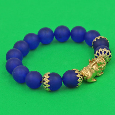 Vòng đeo tay Thạch Anh Xanh Dương mờ 12 ly - cẩn Tỳ Hưu Phong Thủy inox vàng VTAXDMTHBKV12