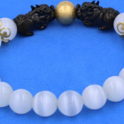 Vòng tay Đá Mắt Mèo Trắng size 8 ly, 10 ly, 12 ly - Vòng tay Tỳ Hưu Đôi inox đen VMMTTHHEV8 - hợp mệnh Kim, mệnh Thủy