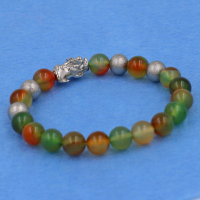 [Mệnh Mộc, Hỏa] Vòng Tay Mã Não Tứ Quý 8 Ly Cẩn Tỳ Hưu Inox Bạc VTAXNTHTB8