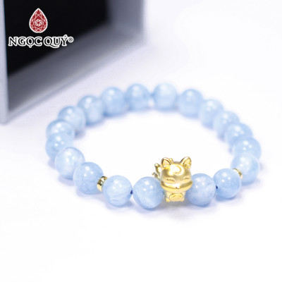 Vòng tay đá Aquamarine phối hồ ly mạ vàng size hạt 9mm mệnh thủy, mộc - Ngọc Quý Gemstones