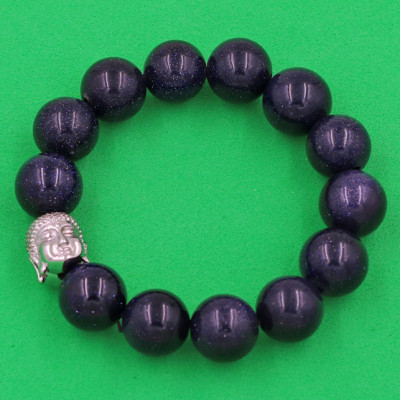 Vòng đeo tay đá Lam Sa 14 ly cẩn hạt Phật A Di Đà inox bạc VLSNLT14