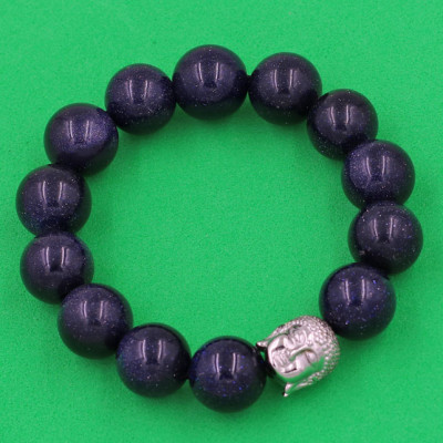 Vòng đeo tay đá Lam Sa 14 ly cẩn hạt Phật A Di Đà inox bạc VLSNLT14