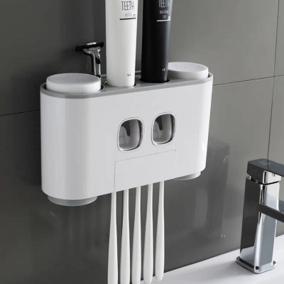 Hộp kệ đựng bàn chải kem đánh răng kèm 4 cốc 2 cửa nhả kem đánh răng thông minh dán tường vô cùng chắc chắn không cần khoan tường hay dùng ốc vít E-1802