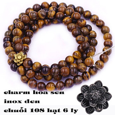 [Mệnh Kim, Thổ] Bộ Vòng Chuỗi, Tràng Hạt 108 Hạt 6 Ly Đá Mắt Hổ Vàng Đen Charm Hoa Sen Inox - Tràng Chuỗi Niệm Phật - An Yên - Thịnh Vượng - May Mắn - Tài Lộc - Bình An