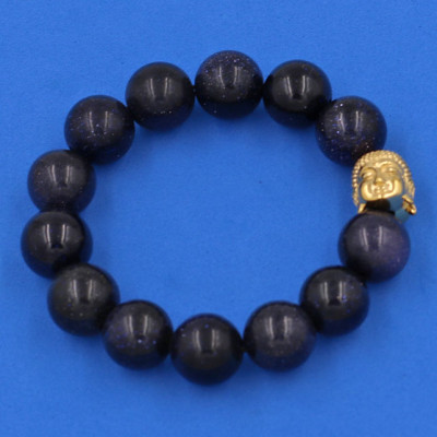 Vòng đeo tay đá Lam Sa 14 ly cẩn hạt Phật A Di Đà inox vàng VLSNLV14