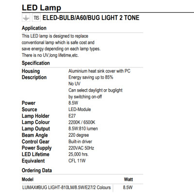 BÓNG ĐÈN LUMAX#BUG LIGHT-810LM/8.5W/E27/2 COLOURS