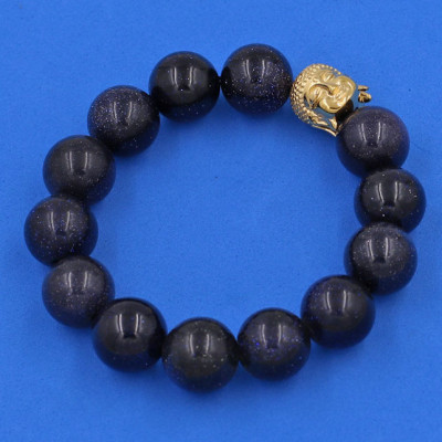 Vòng đeo tay đá Lam Sa 14 ly cẩn hạt Phật A Di Đà inox vàng VLSNLV14