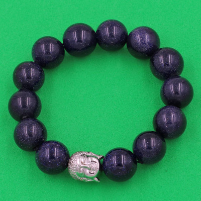 Vòng đeo tay đá Lam Sa 14 ly cẩn hạt Phật A Di Đà inox bạc VLSNLT14