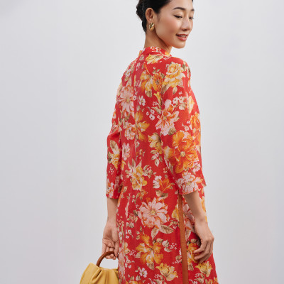 Áo Dài Raglan Linen Hoa Mẫu Đơn thời trang thiết kế Hity ADA014