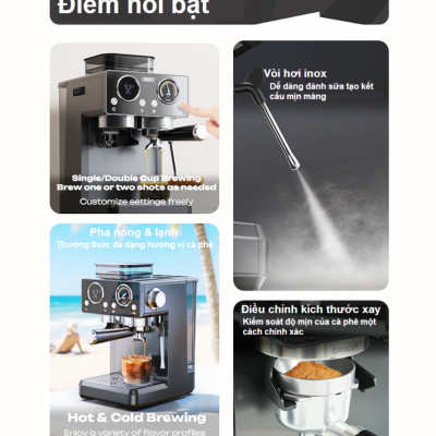 Máy pha và xay cà phê bán tự động 3 trong 1 Espresso, Cappuccino, Latte thương hiệu Mỹ cao cấp HiBREW H20 - Công suất 1500W 20bar - Hàng chính hãng