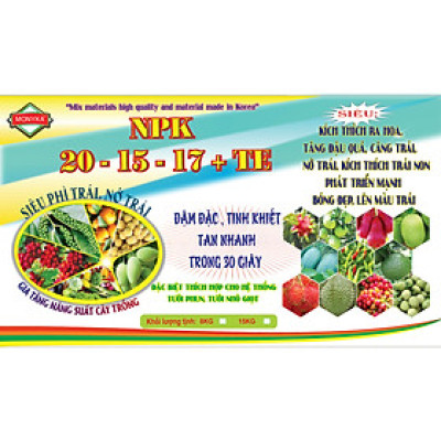 XÔ PHÂN BÓN NỞ TRÁI , TĂNG KÍCH CƠ TRÁI NON TỒI ĐA , NPK 20-15-17 TE 