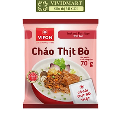 VIFON - Cháo Vifon 70g hương vị Thịt bò (có gói thịt bò thật), Vifon Cháo thịt bò Vifon cháo ăn liền (70g/gói)