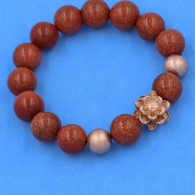 Vòng đeo tay Đá Kim Sa Nâu 12 ly - Vòng Hoa Sen vàng hồng phối 2 bi - hợp mệnh Kim, mệnh Thổ