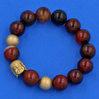 Chuỗi hạt đeo tay Thạch Anh Nâu 14 ly - Vòng tay Phật A Di Đà inox vàng VTANNLVHB14 - Vòng đeo tay size lớn