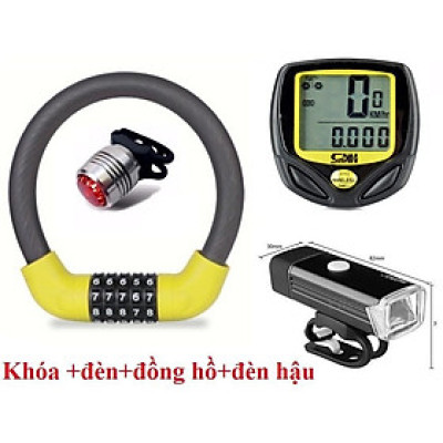 Combo Khóa xe đạp 5 số vàng + Đèn pha siêu sáng + Đồng hồ xe đạp không dây + Đèn led hậu
